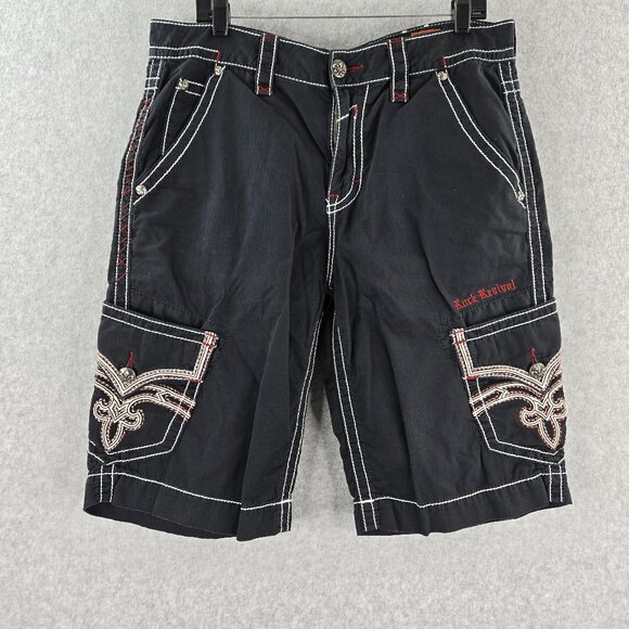 Rock Revival Other - Rock Revival Cargo Shorts Mens 34 Black 12" Embroidered Red Stitch 24" Outseam